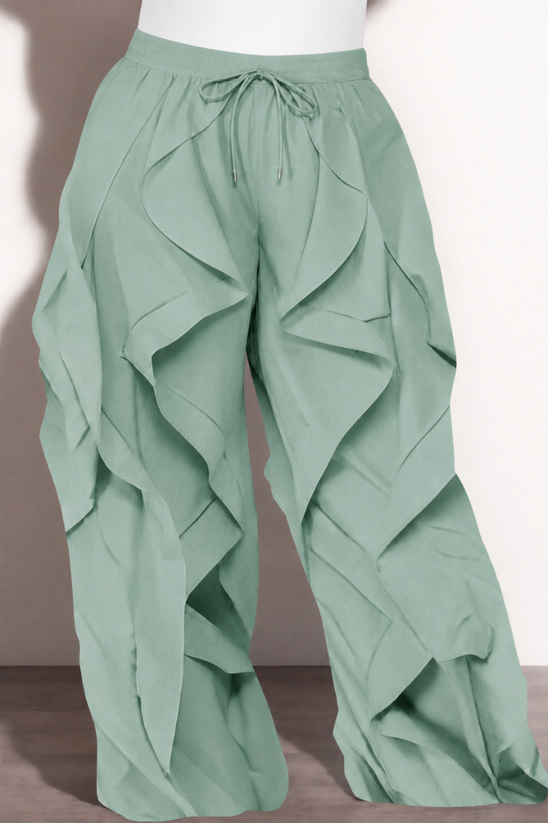 Final Sale Plus Size Wide Leg Drawstring Oversized Windbreaker Wavy Pants in Sage Green