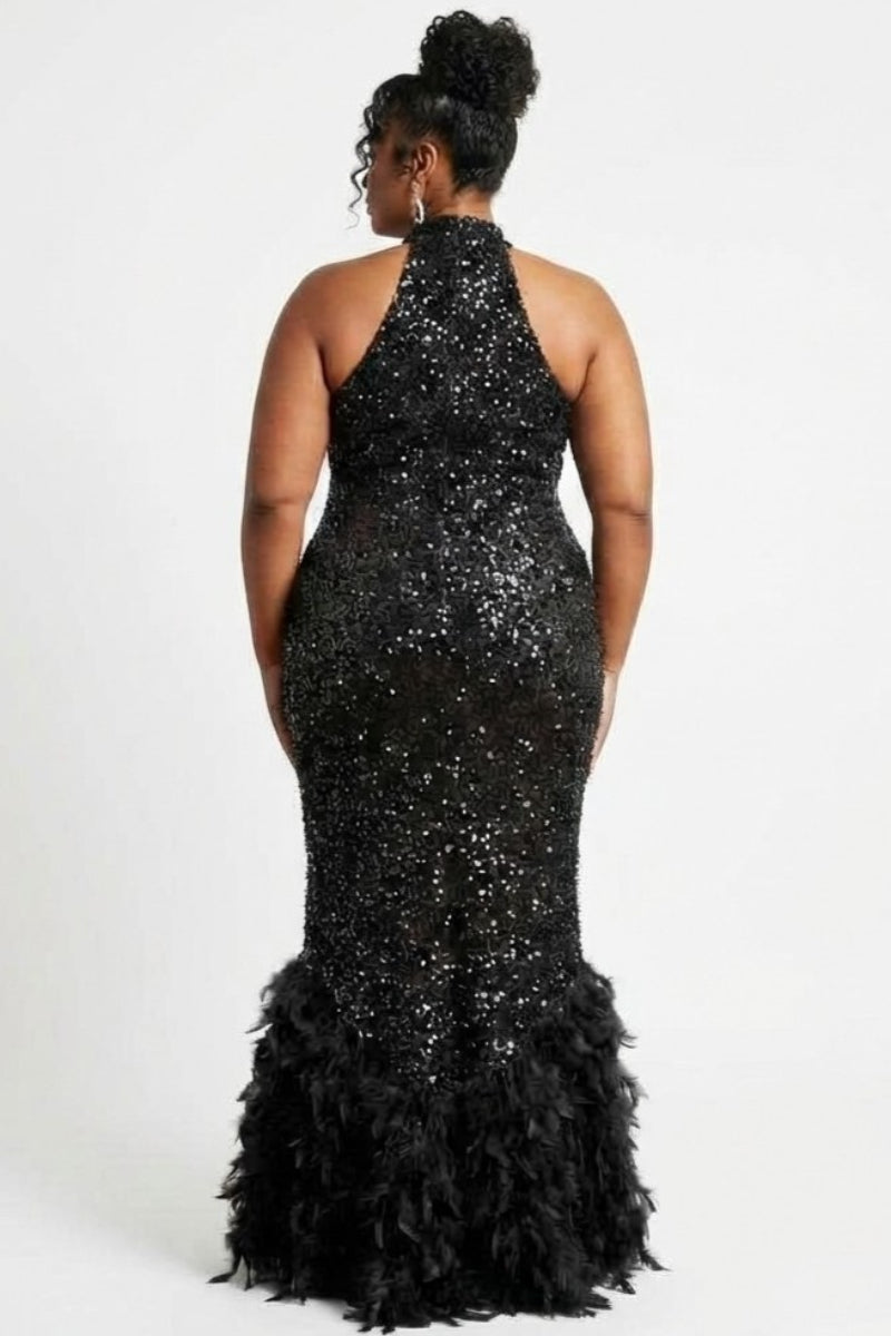 Final Sale Plus Size Sleeveless Feather Sequin Gown in Black (Plus Siz Chic And Curvy Final Sale Plus Size Sleeveless Feather Sequin Gown in Black (Plus Siz Chic And Curvy