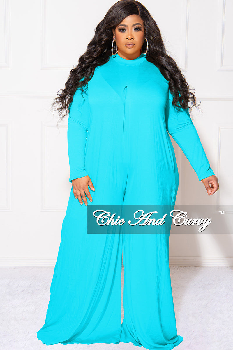 Final Sale Plus Size Long Sleeve Wide Leg Jumpsuit in Turquoise