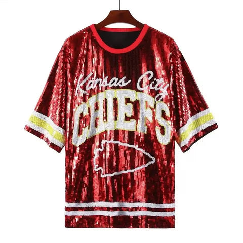 Final Sale Plus Size Sequin Kansas City Chiefs Jersey Top in Red White and Gold