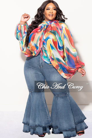 Final Sale Plus Size Chiffon Sheer Balloon Sleeve Crop Top in Multi-Color Paint Print