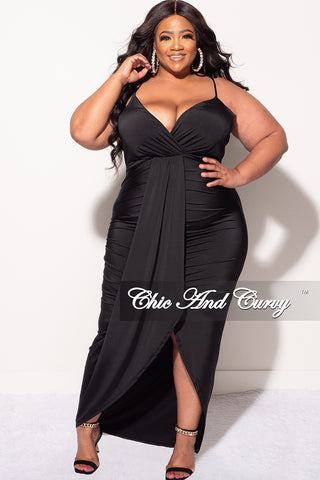 Final Sale Plus Size Ruched Faux Wrap Over BodyCon Dress with Criss Cross Back in Black