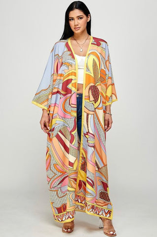 Final Sale Plus Size Duster In Orange Multi Color Design Print