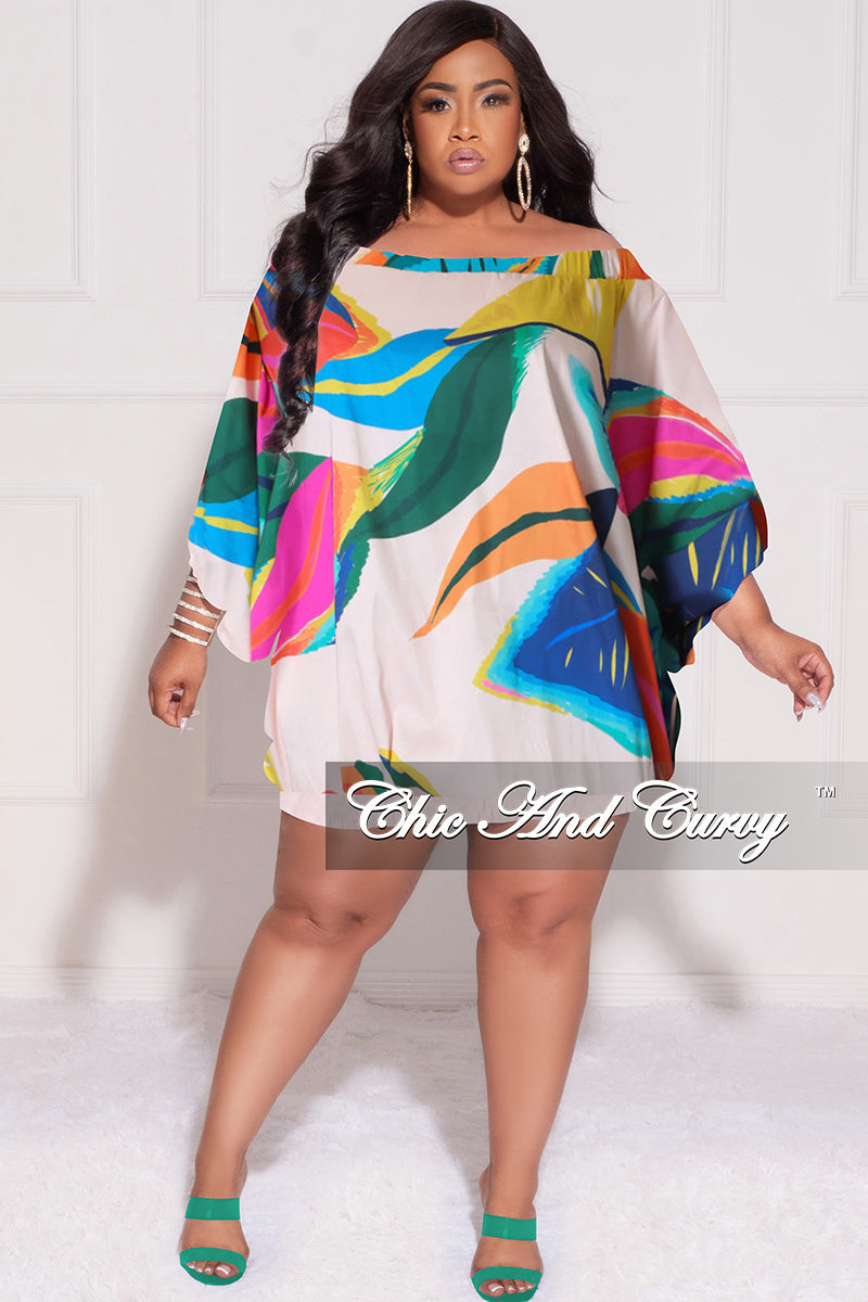 Final Sale Plus Size Off the Shoulder Bubble Dress in Beige Tropical Print F244