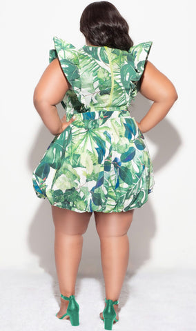 Final Sale Plus Size Ruffle Trim Babydoll Bubble Dress with Cutout Back in Green Tropical Print
