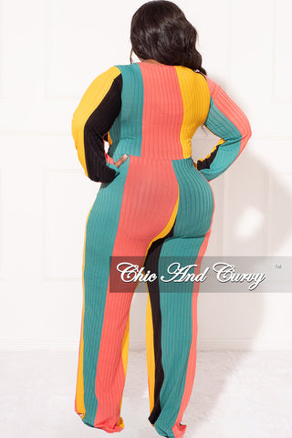 Final Sale Plus Size Faux Wrap Jumpsuit with Tie in Teal, Coral and Mustard