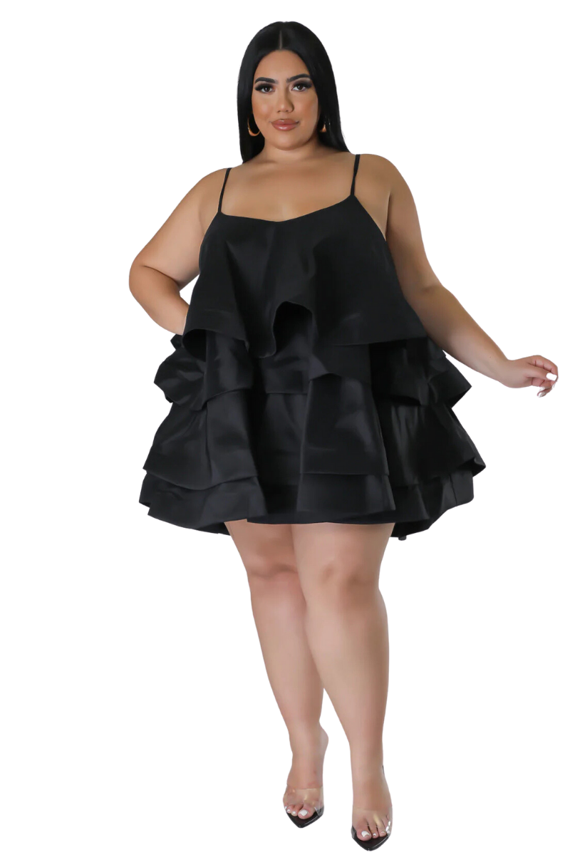 Final Sale Plus Size Spaghetti Strap Tiered Ruffle Mini Dress in Black