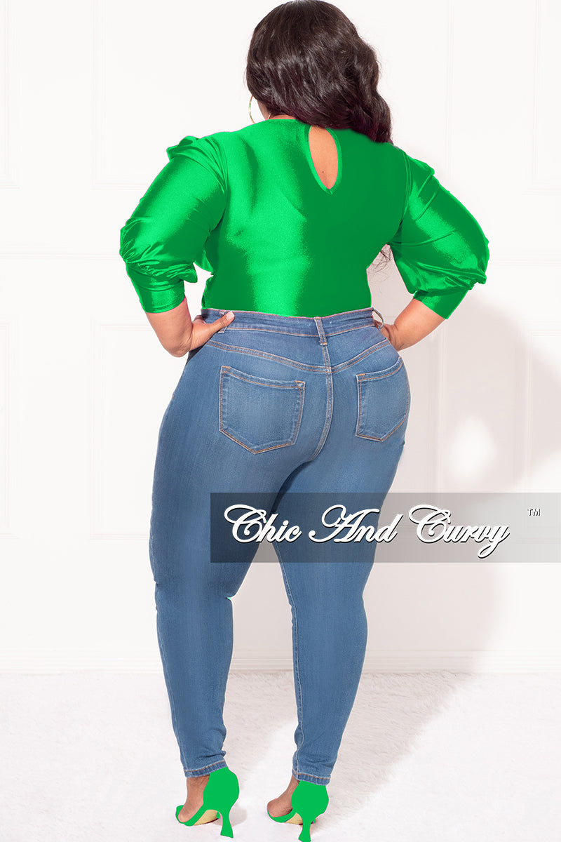 Final Sale Plus Size Faux Wrap Bodysuit with Ruched Sleeves in Green