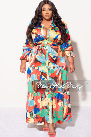 Final Sale Plus Size Satin Collar Button Up Maxi Dress with Attached Belt in Multi Color