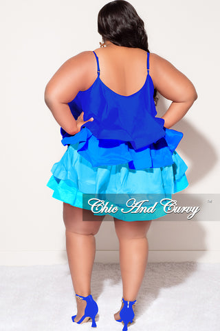 Final Sale Plus Size Spaghetti Strap Tiered Ruffle Mini Dress in Multi-Shades of Blue