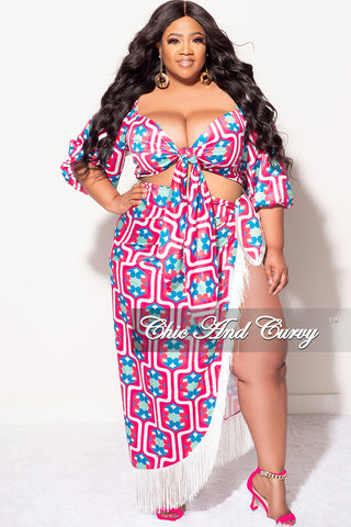 Final Sale Plus Size 2pc Stain Set (Crop Tie Top and Fringe Trim Skirt) in Magenta Design Print