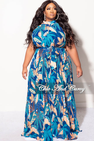 Final Sale Plus Size Chiffon Halter Neck Sleeveless Dress with Pleats In Royal Blue Teal and Orange Floral Print
