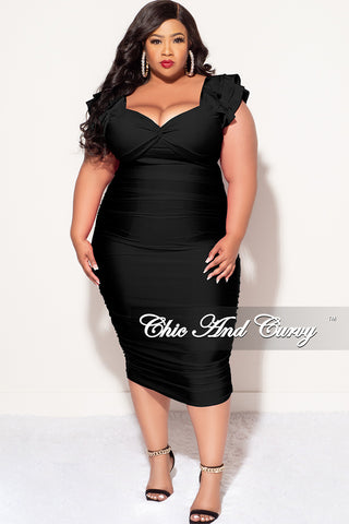 Final Sale Plus Size Shiny BodyCon Dress with Ruffle Layer Sleeves in Black