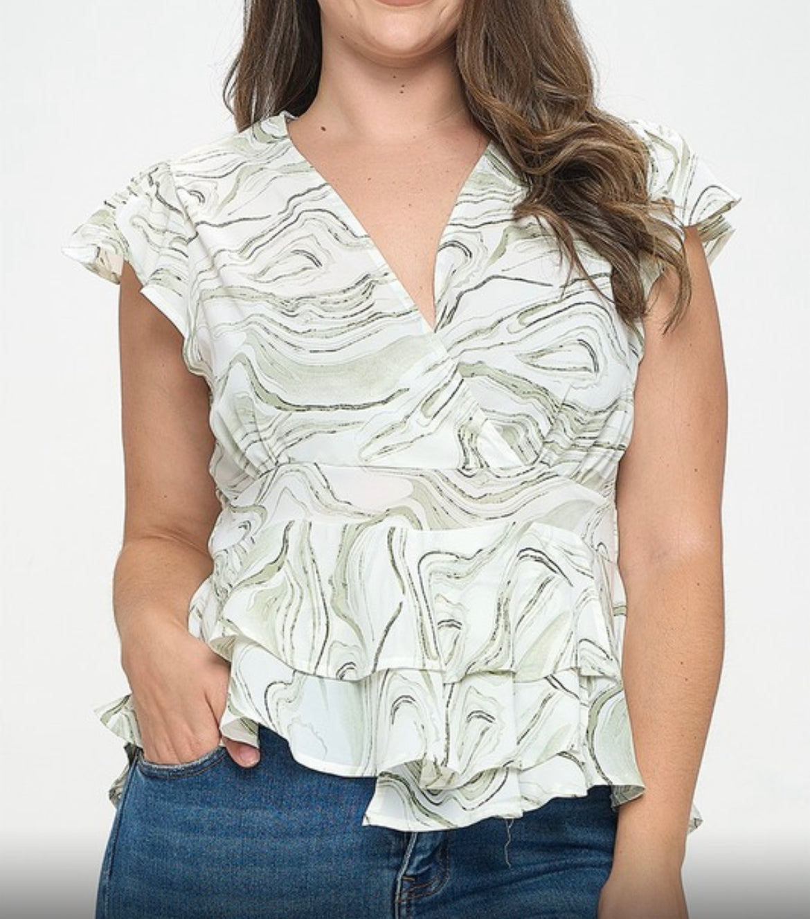 Final Sale Plus Size Faux Wrap Peplum Top in Ivory & Mocha or Ivory & Olive  Design Print