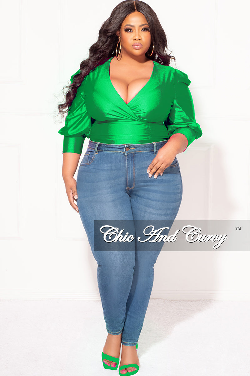 Final Sale Plus Size Faux Wrap Bodysuit with Ruched Sleeves in Green