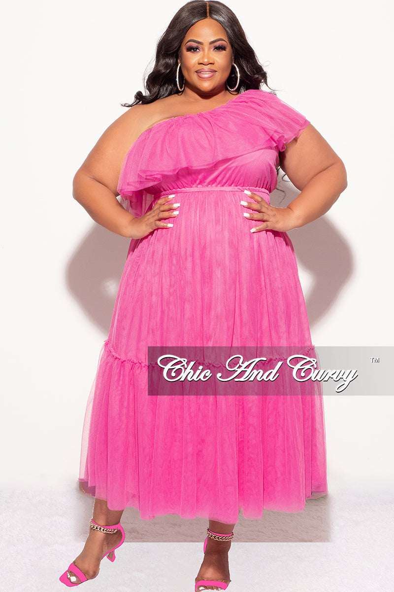 Final Sale Plus Size One Shoulder Mesh Dress in Pink