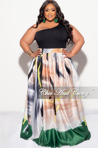 Final Sale Plus Size Maxi Satin Skirt in Tan, Black, White, Neon and Green Print (Skirt Only)