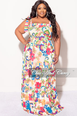 Final Sale Plus Size Chiffon Sleeveless Tiered Maxi Dress In Ivory Floral Print