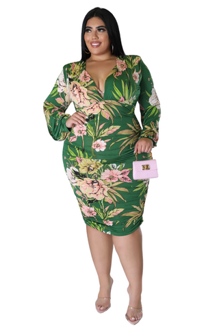 Final Sale Plus Size Deep V Ruched BodyCon Dress in Olive & Pink Floral Print