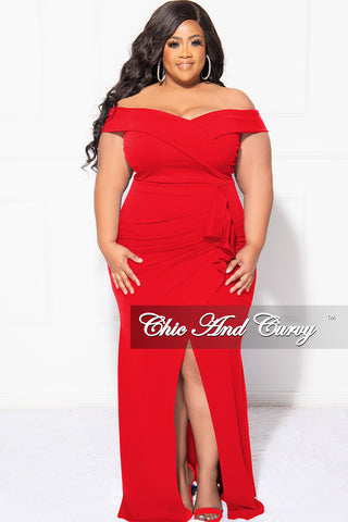 Final Sale Plus Size Off the Shoulder Gown with Front Slit and Side Ruffle in Red