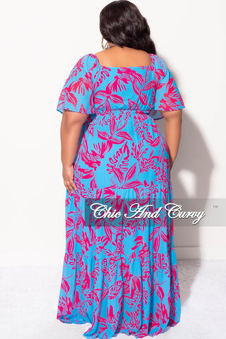 Final Sale Plus Size Deep V Chiffon Frill Tiered Maxi Dress In Blue and Fuchsia Design Print