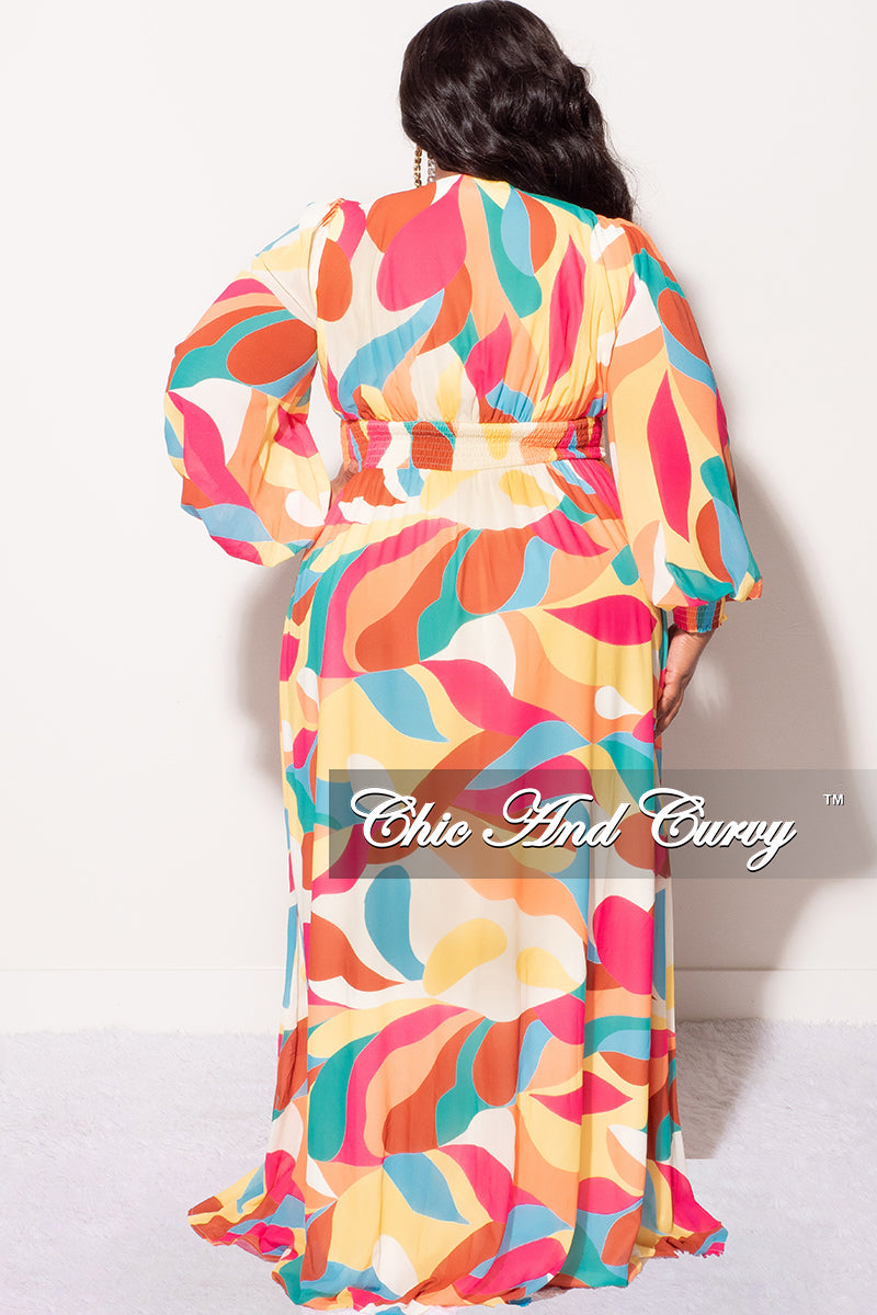 Final Sale Plus Size Faux Wrap Chiffon Maxi Dress In Fuchsia and Yellow Print