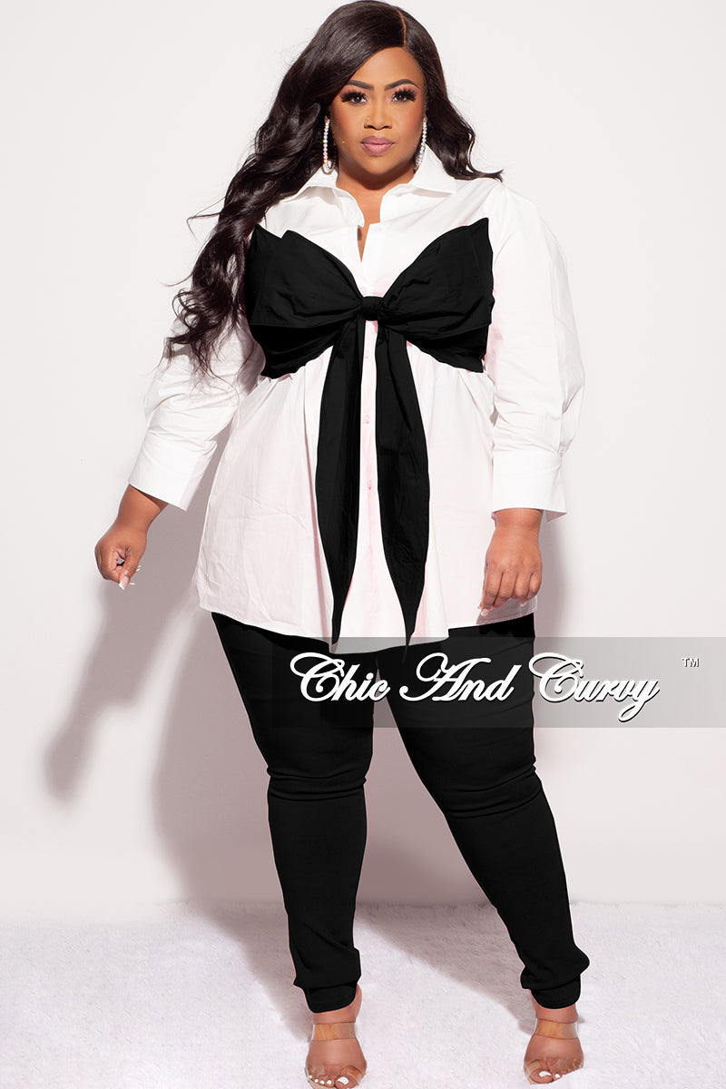 Final Sale Plus Size Shirt Dress with Front Bow Tie in White and Black