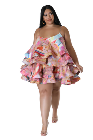 Final Sale Plus Size Spaghetti Strap Tiered Ruffle Mini Dress in Pink Multi Color
