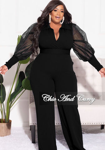 Final Sale Plus Size Faux Wrap Collar Jumpsuit with Sheer Sleeves in Black