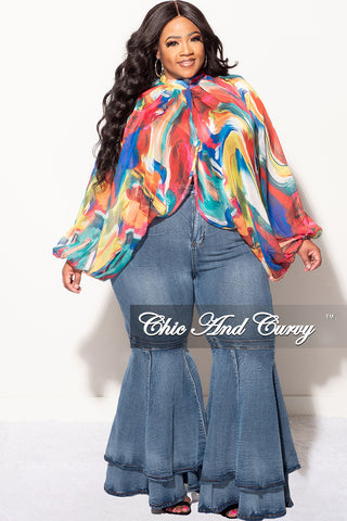 Final Sale Plus Size Chiffon Sheer Balloon Sleeve Crop Top in Multi-Color Paint Print