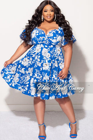 Final Sale Plus Size Dress in Royal Blue & White Design Print