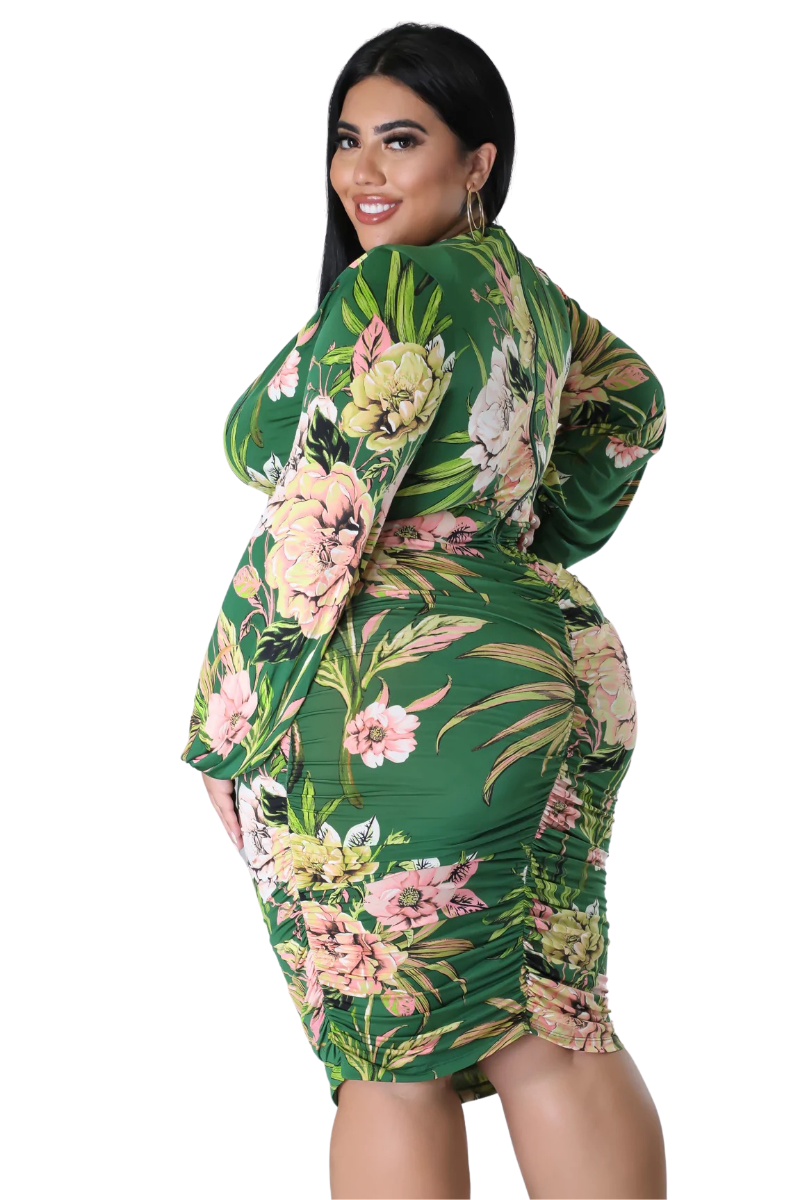 Final Sale Plus Size Deep V Ruched BodyCon Dress in Olive & Pink Floral Print