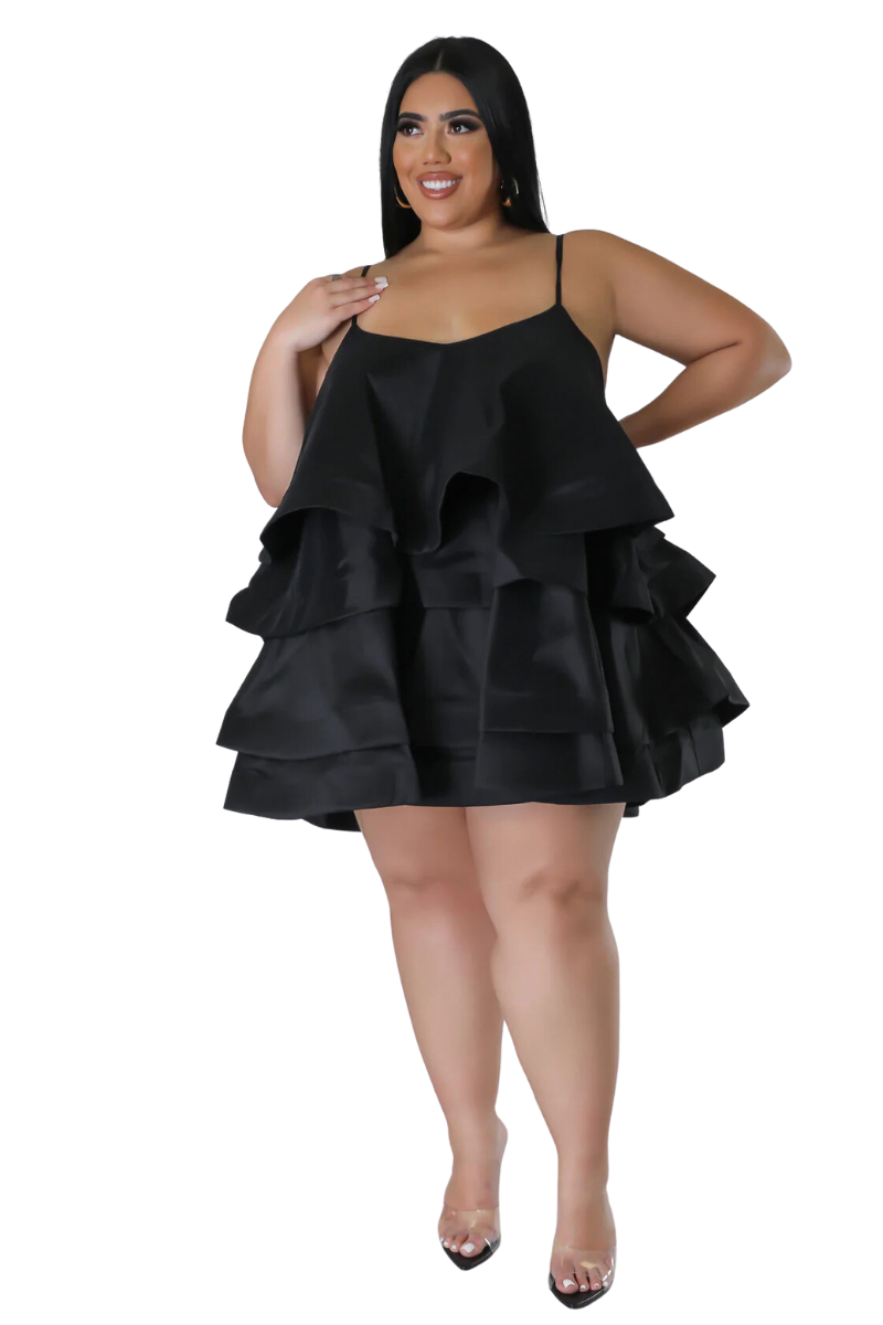 black ruffled mini dress Final Sale Plus Size Spaghetti Strap Tiered Ruffle Mini Dress in Black – Chic And Curvy
