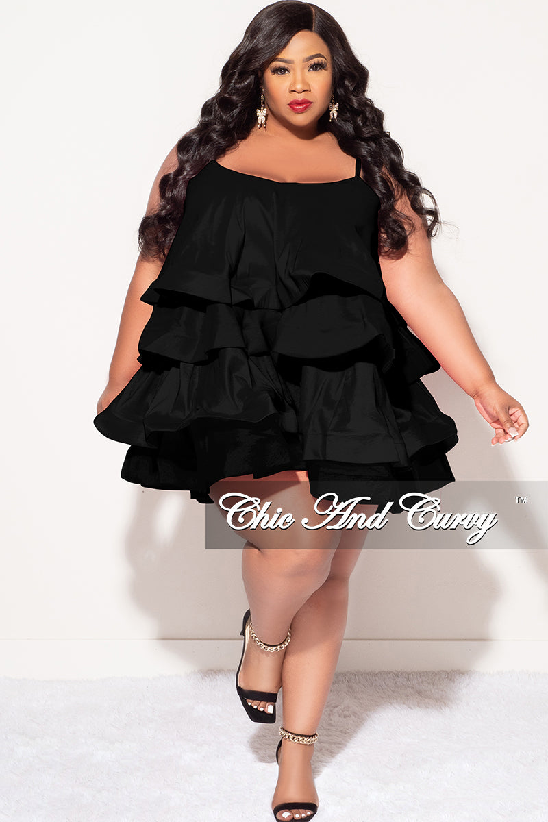 Final Sale Plus Size Spaghetti Strap Tiered Ruffle Mini Dress in Black Chic And Curvy Final Sale Plus Size Spaghetti Strap Tiered Ruffle Mini Dress in Black Chic And Curvy