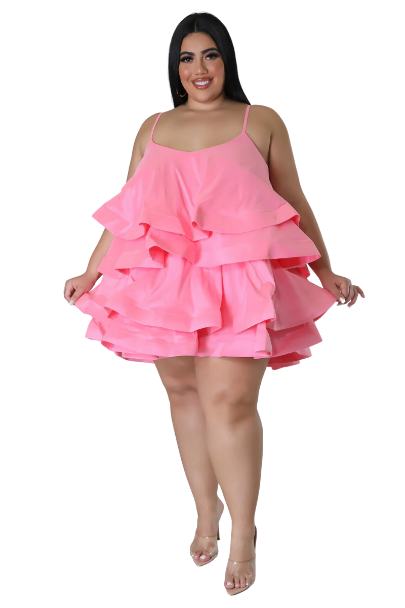 Final Sale Plus Size Spaghetti Strap Tiered Ruffle Mini Dress in Pink and Fuchsia