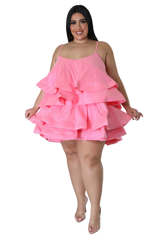 Final Sale Plus Size Spaghetti Strap Tiered Ruffle Mini Dress in Pink