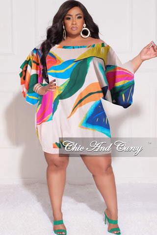 Final Sale Plus Size Off the Shoulder Bubble Dress in Beige Tropical Print F244