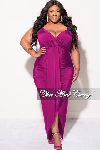 Final Sale Plus Size Ruched Faux Wrap Over BodyCon Dress with Criss Cross Back in Purple Kim 2