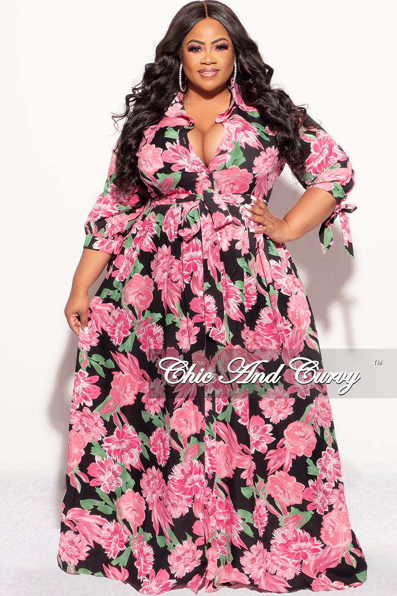 Final Sale Plus Size Collar Button Up Maxi Dress in Black & Pink Floral Print