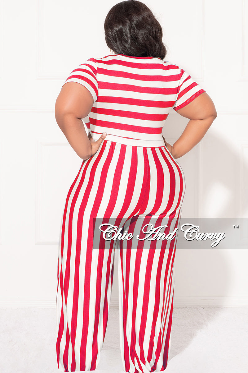 Final Sale Plus Size Short Sleeve Jumpsuit in Coral and White Stripes