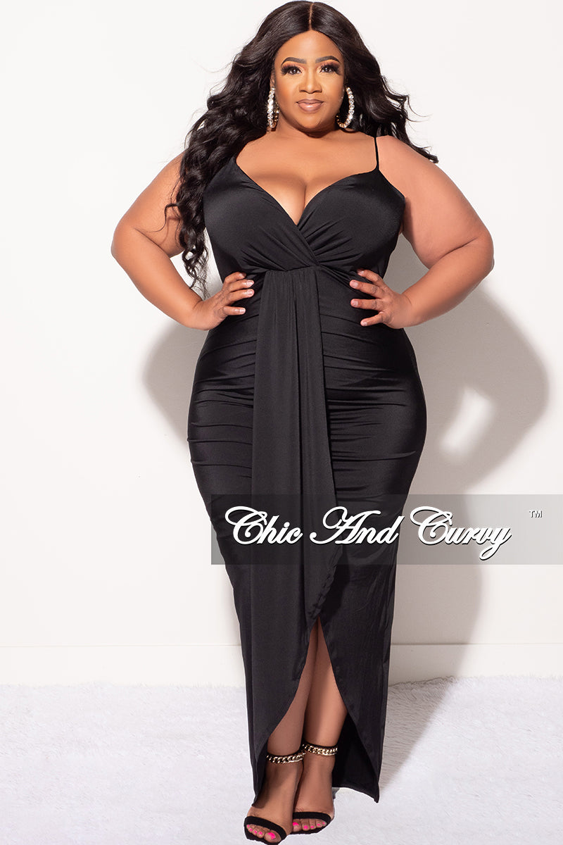 Final Sale Plus Size Ruched Faux Wrap Over BodyCon Dress with Criss Cross Back in Black