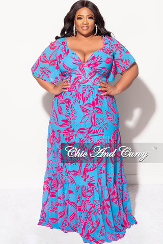 Final Sale Plus Size Deep V Chiffon Frill Tiered Maxi Dress In Blue and Fuchsia Design Print
