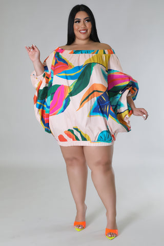 Final Sale Plus Size Off the Shoulder Bubble Dress in Beige Tropical Print F244