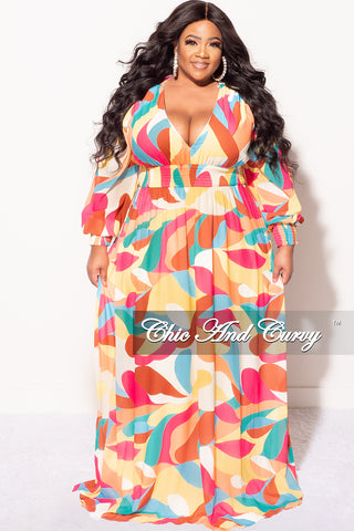 Final Sale Plus Size Faux Wrap Chiffon Maxi Dress In Fuchsia and Yellow Print