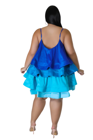 Final Sale Plus Size Spaghetti Strap Tiered Ruffle Mini Dress in Multi-Shades of Blue