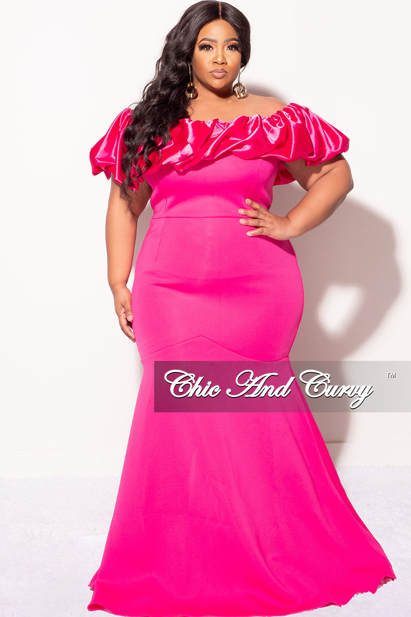 Final Sale Plus Size Scuba Off the Shoulder Satin Ruffle Long Gown