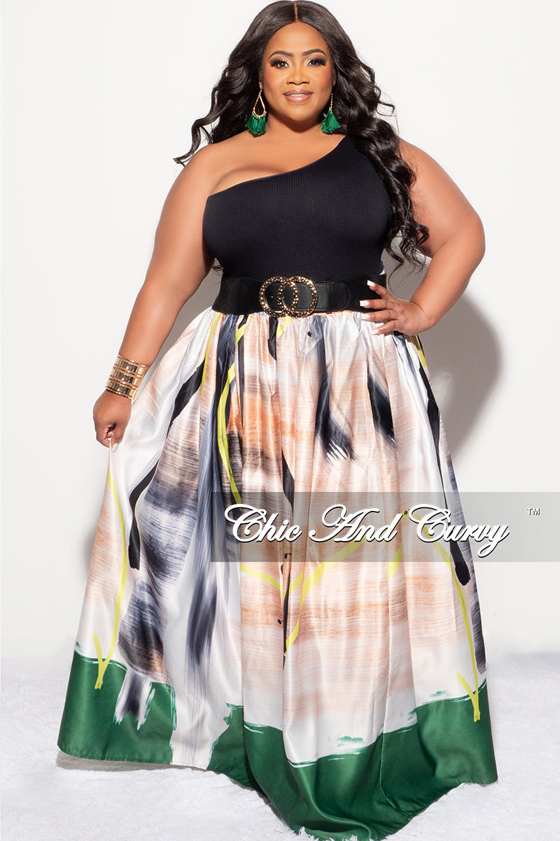 Final Sale Plus Size Maxi Satin Skirt in Tan, Black, White, Neon and Green Print (Skirt Only) - 1x 14/16 Final Sale Plus Size Maxi Satin Skirt in Tan, Black, White, Neon and Green Print (Skirt Only) - 1x 14/16