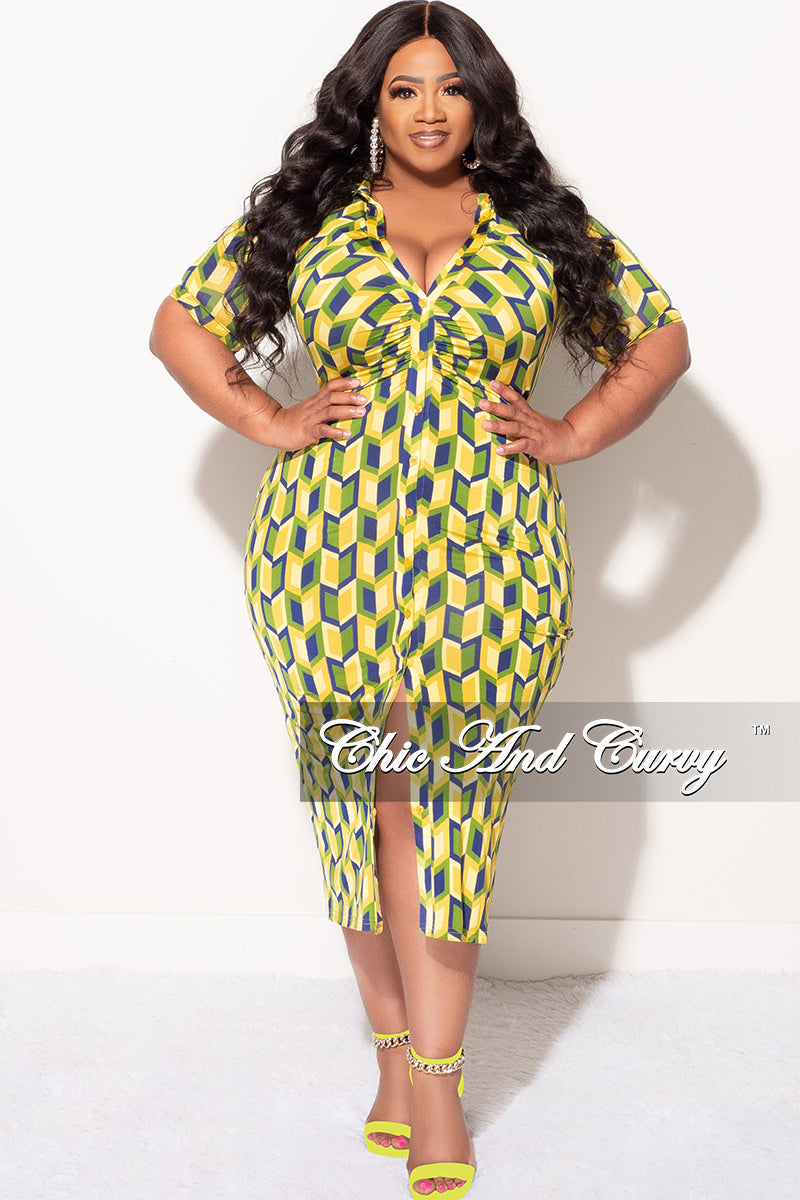 Final Sale Plus Size Collar Button Up BodyCon Dress in Blue, Green & Yellow
