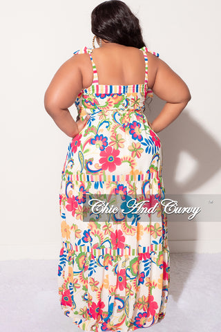 Final Sale Plus Size Chiffon Sleeveless Tiered Maxi Dress In Ivory Floral Print