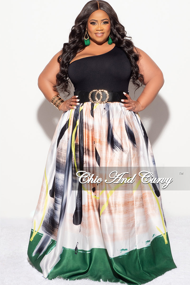 Final Sale Plus Size Maxi Satin Skirt in Tan, Black, White, Neon and Green Print (Skirt Only) - 1x 14/16 Final Sale Plus Size Maxi Satin Skirt in Tan, Black, White, Neon and Green Print (Skirt Only) - 1x 14/16